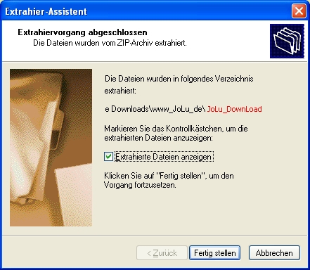 www.JoLu.de - Hilfe - Anleitungen - ZIP-Datei ... Alle extrahieren ... Bild :  ZIP-Datei_Alle_extrahieren_Assistent_D