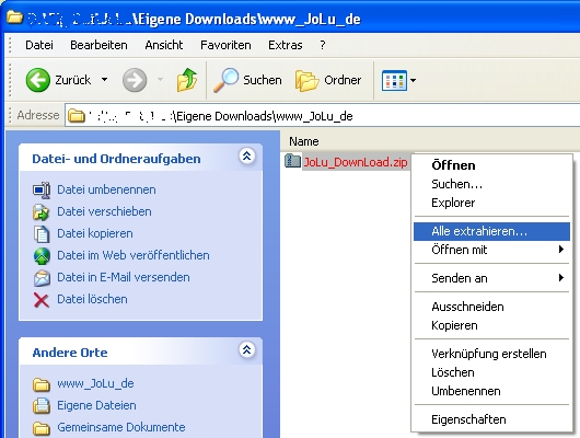www.JoLu.de - Hilfe - Anleitungen - ZIP-Datei ... Alle extrahieren ... Bild :  ZIP-Datei_Alle_extrahieren_Start